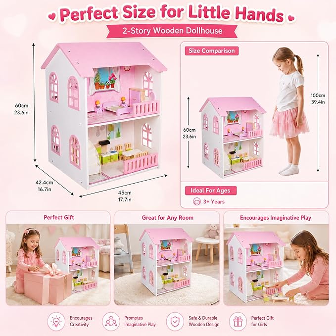 Doll House, Wooden Dollhouse for Girls, Two-Storey Pink Doll House with Furniture, Four Rooms, Pretend Play Toy, Creative Gift for Girls Aged 3+, Birthday Gift for Toddlers and Kids