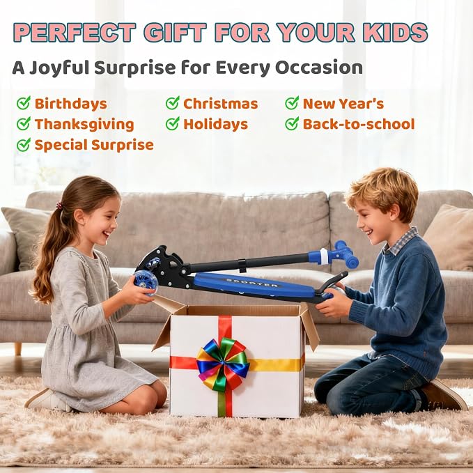 Kids Kick Scooter, Kick Scooter for Kids 2-7 Age, Light up 3 Wheels Kick Scooter, Heavy Duty Folding Lean-to-Steer Scooters with 3 Adjustable Handlebar for Boys Girls Blue