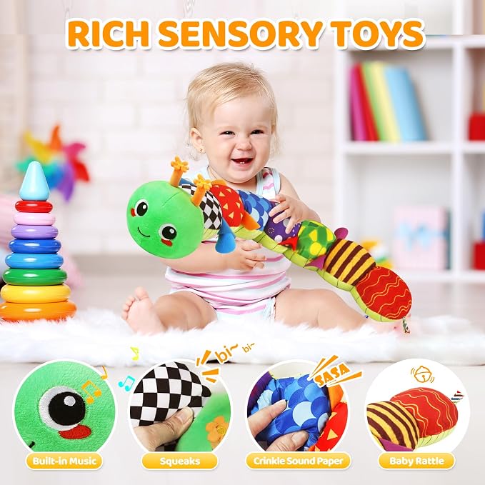 KMUYSL Baby Sensory Caterpillar Toys for 0-6 6-12 Months, Soft Plush Activity Toy with Crinkle, Rattle & Gentle Music, Tummy Time Toy for Infant Newborn, Early Development Toy Shower Gifts for Baby