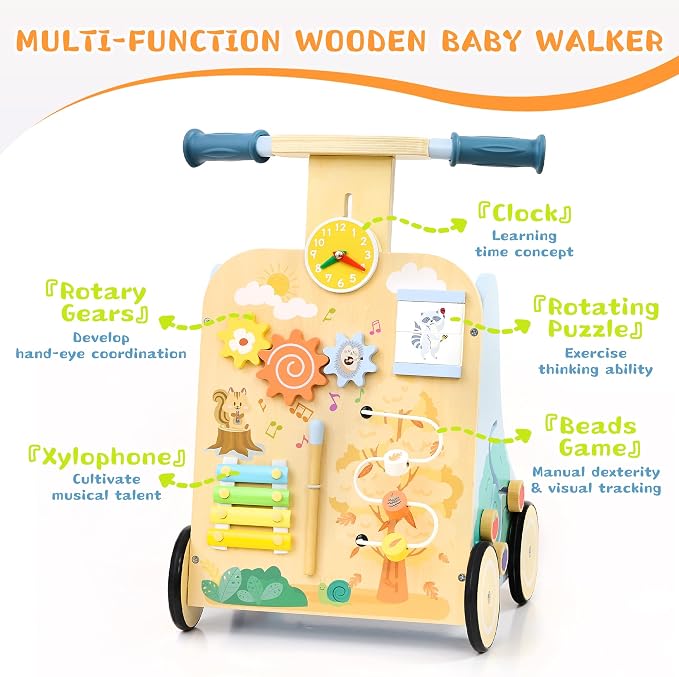 Wooden Baby Walker, Baby Push Walker for 12+ Months, Baby Walker with Activity Center, Push and Pull Walkers for Boys Girls