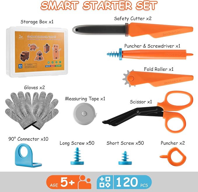 SainSmart Jr. Cardboard Tools for Kids with Safe Cutter, Tool Box & Tape Measure, 120 PCS Cardboard Construction Kit for Family & Classroom Activities | Reusable Cutting Tools for Boys & Girls Age 5+