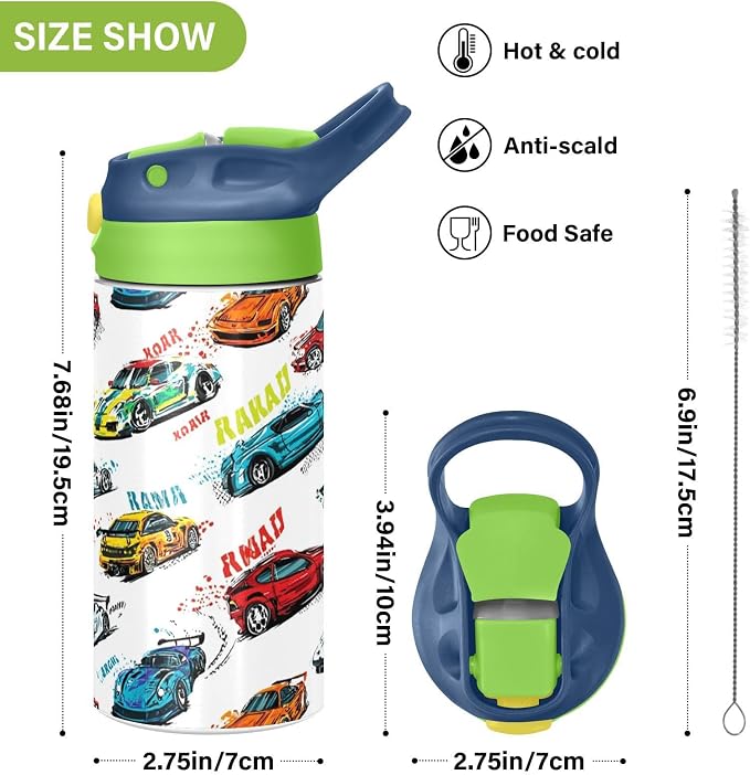 Boccsty Bright Race Car Truck Kids Water Bottle with Straw Lid Sport Cars Insulated Stainless Steel Reusable Tumbler for Boys Girls Toddlers 12 oz Green