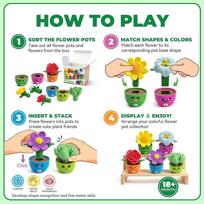 Montessori Flower Garden Building Toy for Girls & Boys, Toddler Gardening Set with 5 Shape & Number Flowers, Preschool Learning Matching & Stacking Game, Sensory Toys Gifts for 1 2 3 Year Old