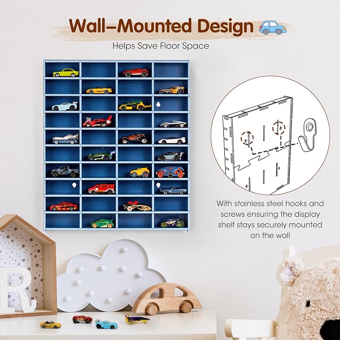 Krafetto Toy Car Display Shelf, Holds 40 Diecast 1/64 Toy Cars, Wall Mount Model Car Storage Organize Case, Blue