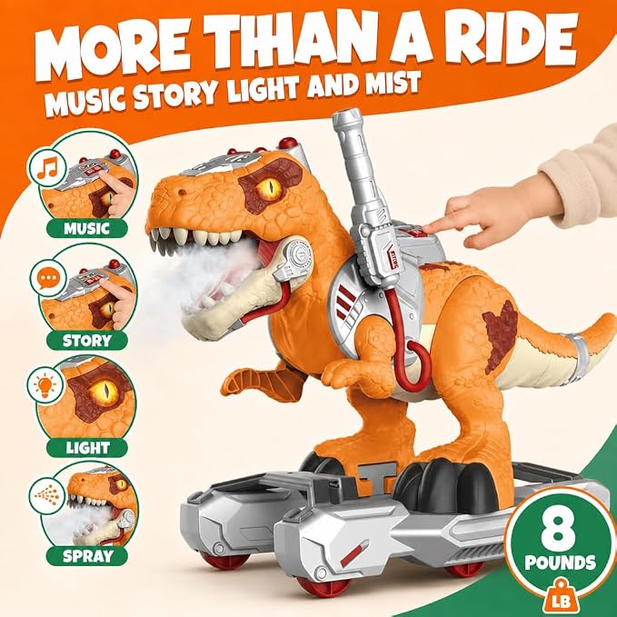 Dinosaur Ride-On Scooter for Toddlers – Electric Push & Ride Foot-to-Floor Sliding Rideable Toy with Music, Lights, Mist Spray for Boys & Girls - Orange (Orange)