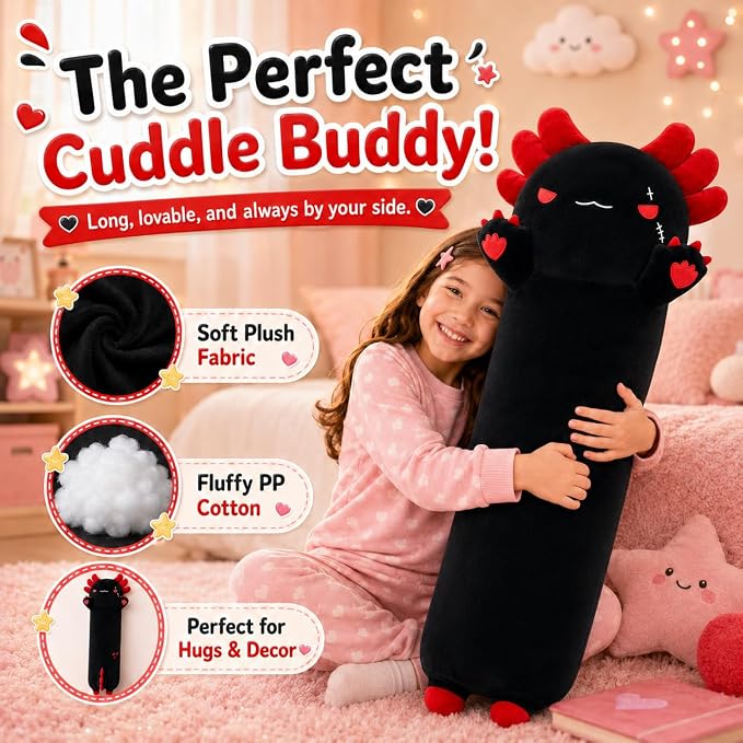 Long Axolotl Stuffed Animals 35.4 Inch, Soft Plush Pillow Cute Body Pillow Gifts for Kids Girlfriend, Black&Red