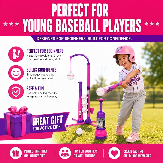 3-in-1 Baseball Set for Kids and Toddlers Ages 3-5 – Includes Tee Ball Stand, Hanging Tee, Automatic Ball Launcher, and 6 Softballs – Adjustable Height for Indoor/Outdoor Play – Sports Gift for Girls