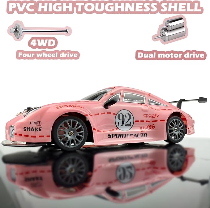 HTURCCOP RC Drift Car 2.4GHz 1:24 Scale 4WD High Speed Remote Control Cars Vehicle with LED Lights Two Batteries and Drifting Tires Racing Sport Toy Cars for Adults Boys Girls Kids Pink
