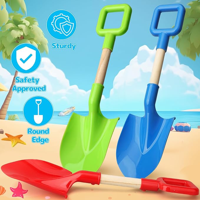 Umnodobn Beach Sand Toys 16 Inch Shovels for Kids Adults, Spade Scoop Gardening Tools, Sandbox Kit Wood ABS Spade for Travel Garden Outdoor Snow Backyard Summer Vacation Toys for Boys Girls 3 PCS