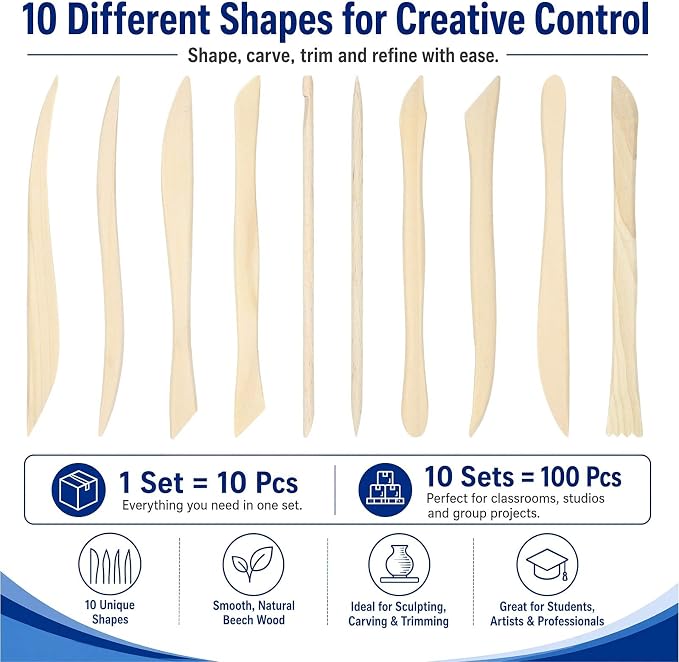 Ferrochef 10 Set 100 Pcs Beech Clay Sculpting Tools Different Shapes Pottery Tools Clay Carving Cutters Pottery Trimming Supplies for DIY Ceramics Plastilina Molding Embossin (Classic Style)
