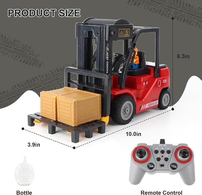 RC Forklift with Trailer, 2 in 1 Transform Lift Fork & Hook, Kids Forklift Toy with Light & Sound & Spray, 11 Channel Remote Control Forklift, Construction Vehicles Toy Gift for Kids 6+ (Red)