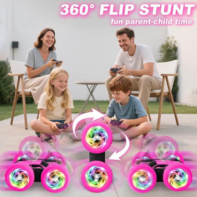 Remote Control Car, RC Cars for Girls, 2.4 GHz Double Sided RC Crawler with Upgraded USB-C Modular Battery, 360°Rotating Car Toys for 6 7 8 9 10 11 12 Year Old Girl Birthday Gift Rose