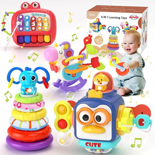 usrela 4 in 1 Baby Toys for 12 18 Month, Learning Toys for Babies 12-18-24 Months, Busy Cube, Stacking Sorter, Piano Xylophone Pull String Travel Toy, Birthday Gifts for Toddlers 1 2 Years Old