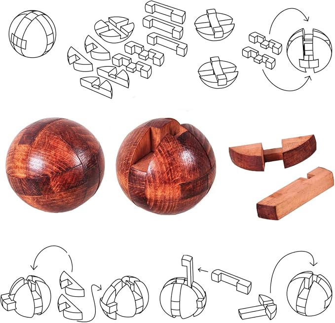 Wooden Brain Teaser Puzzles for Adults - Challenging 3D IQ Logic Games for Teens 14+, Stress Relief Desk Toys & Office Decor, Unique Gifts for Men, Women, Seniors (Ball)