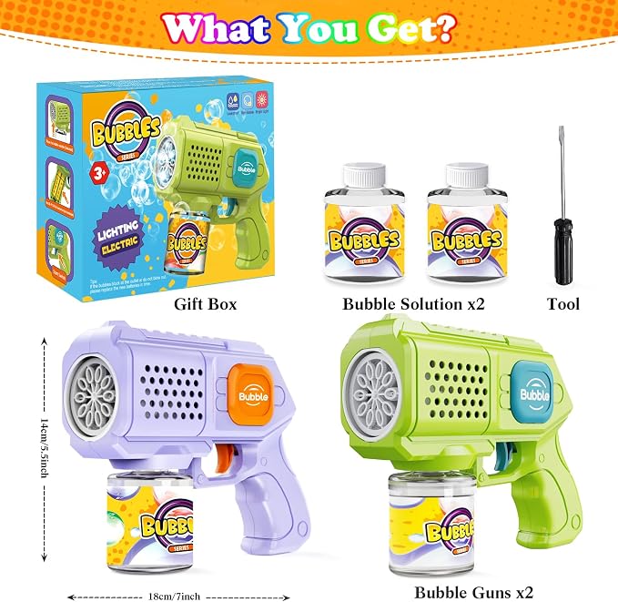 Panamalar 2 Packs Bubble Guns for Kids, Automatic Bubble Machine Gun 10000+ Bubbles/Min, 10 Holes Bubble Maker Toys with Solution/Light for Boys Girls Outdoor Wedding Party, Purple+Green