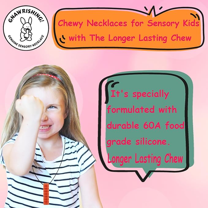 Chew Necklace by GNAWRISHING 6-Pieces Perfect for Autistic, ADHD, SPD, Oral Motor Children, Kids, Boys, and Girls (Tough, Long-Lasting)