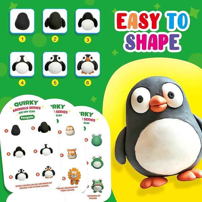 Kasfalci Air Dry Clay Kit for Kids, 12 Animals Modeling Clay, Model Magic Arts & Crafts for Kids Ages 4-6-8-12, Ultra Light & Soft, Safe & Non-Stick with Sculpting Tools & Tutorials, DIY Party Favors
