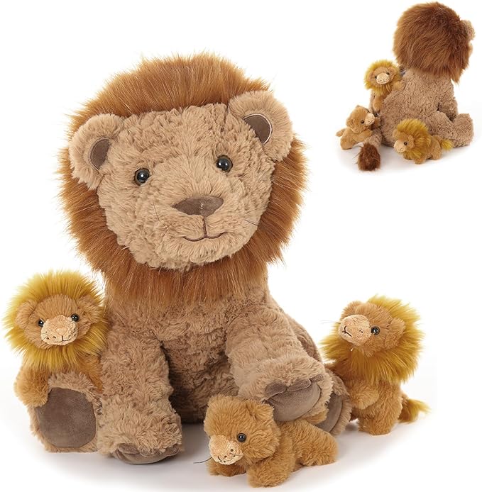 Lion Plush Toy, 17.7" Mother Lion Stuffed Animal with 3 Cute Baby Lions, 4Pcs Wild Animal Stuffed Toy for Kids Boys Girls, Safari Animal Plushies Gift for Christmas Birthday, Brown