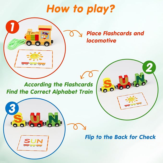 Wondertoys Wooden Alphabet Train Toy 27 PCS Magnetic Alphabet ABC Letter Train Set Includes 42 PCS Flash Cards, 1 Engine and 1 Storage Bag for Toddlers Kids Boys and Girls