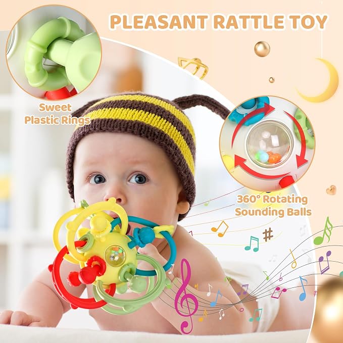 Baby Rattle Teething Toys, Baby Ball Teether Toys for 0 3 6 9 12 18 Months, Silicone Montessori Teethers with Rattle Ball for Newborn Infant, Sensory Delopmental Gift for Boys Girls, Beige