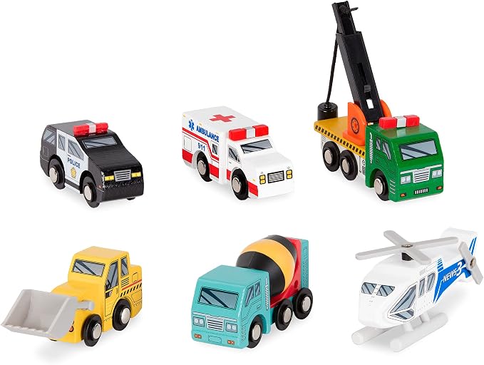 Battat – Wood Cars for Kids – 6 Pieces Toy Vehicle Set – Mini Rescue & Construction Vehicles – Toddler Truck Toys – 3+ Years– Wooden Vehicles Set 1