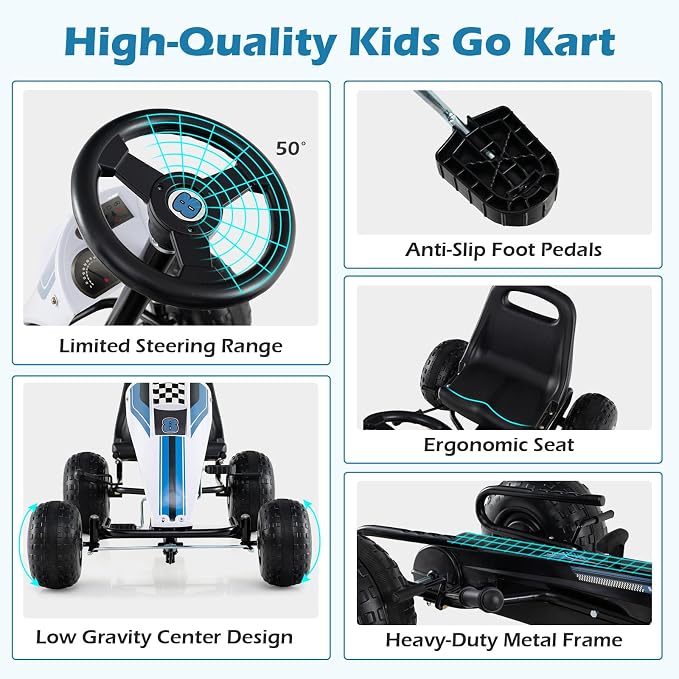Costzon Pedal Go Kart, 4 Wheel Ride on Toy Pedal Car with Adjustable Seat, Handbrake, Free-Wheel & Pedal Modes, Outdoor Bicycle Go Cart with Wear-Resistant Wheels, Gift for Boys and Girls (White)