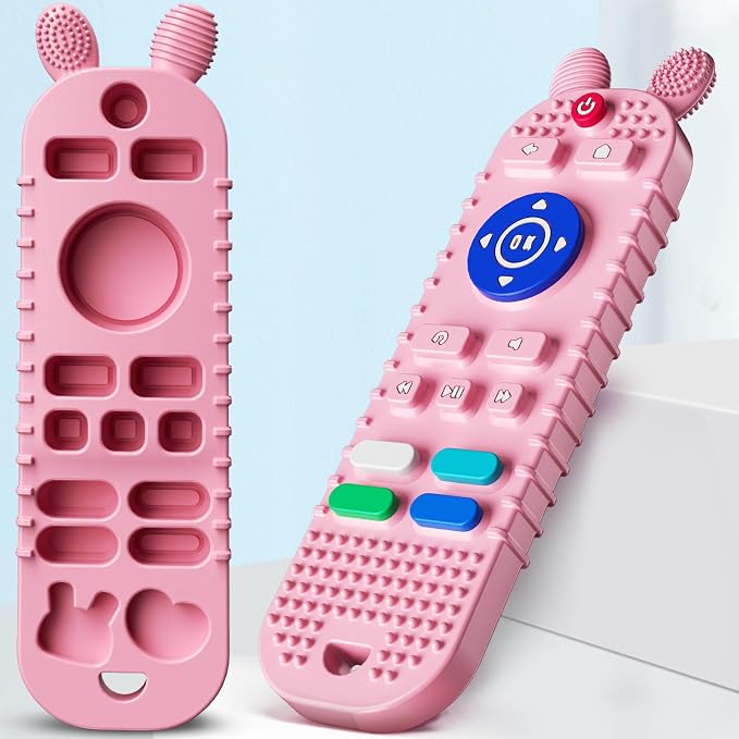 Kaodezhu TV Remote Control Shape Baby Teething Toys and Phone Shape Teether Toys for Babies 6-12 Months, Soft Flexible Silicone Chew Toys for Baby - Black Pink