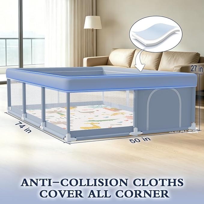 XVISHX 74 x 50 Inch Baby Playpen with Mat, Playpen for Babies and Toddlers, Baby Playard for Indoor & Outdoor Active Center Game Fence, with Skin-Friendly Fabric and Soft Breathable Mesh, Grey