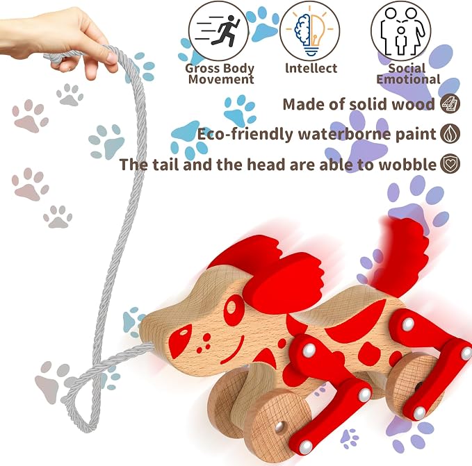 Montessori Toys 1 2 3 4 Years Old Boys Girls Wooden Walking Pull Dog Toy for Baby Toddler, Pull Along Walking Toys, Walk Along Puppy Pull, Wooden Pull & Push Toy (Red)