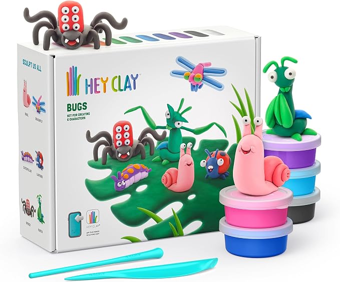 HEY CLAY Set - Colourful Modeling Air Dry Clay Kit for Kids 15 cans and Sculpting Tools with Fun Interactive Instructions App - Children 3+ (Bugs)