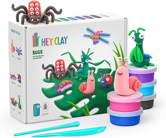 HEY CLAY Set - Colourful Modeling Air Dry Clay Kit for Kids 15 cans and Sculpting Tools with Fun Interactive Instructions App - Children 3+ (Bugs)