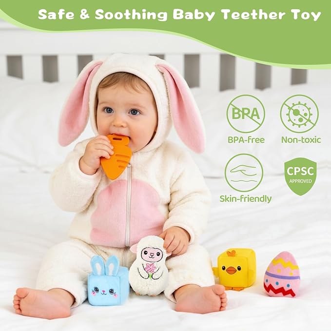 Baby Toys 6-12-18 Months - My First Plush Bunny Burrow with Stuffed Animals, Rattle, Crinkle, Teether, Montessori Sensory Toys for Babies Toddlers 1-3, Baby Block Stacking Toy for Boys Girls Gifts