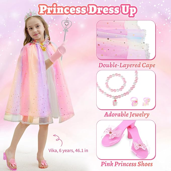 Princess Dress Up Clothes for Girls 3 4 5 6 Years Old, Non-Toxic Kids Makeup Kit, Princess Set Toy Gift for Toddlers Birthday