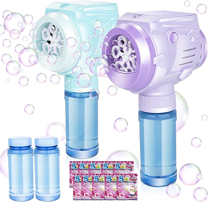 Automatic Bubble Guns with Light, Zealous 2pc High Output Bubble Machines with Bubble Solution & Bubble Concentrate,Handheld Battery Operated Bubble Maker Toys for 3000+