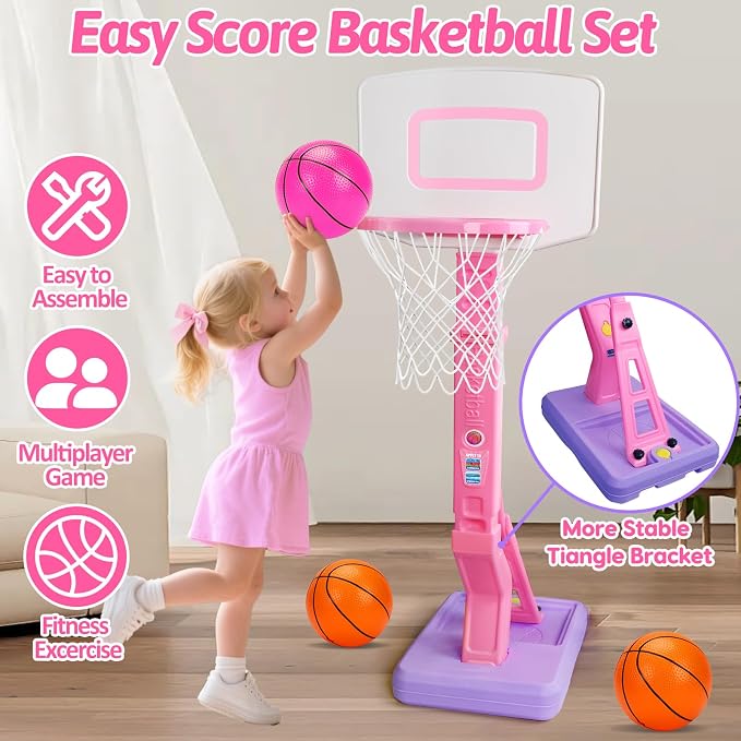 Basytodio Toddler Pink Basketball Hoop Indoor for Age 1-3, Adjustable Kids Basketball Hoop Goal, Mini Pool Outdoor Basketball Hoop with 3 Balls, Toddler Toys Age 1 2 3 4 Year Old Girls Birthday