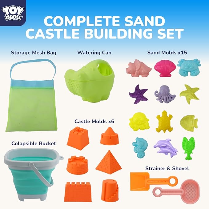 TOY Life 23 Pcs Ocean Beach Toys for Kids Ages 4-8 Collapsible Sand Toys with Watering Can, Silicone Bucket, Sand Castle Building Kit, Mesh Bag Ocean Animal Molds Travel Sandbox Toy for Summer Play