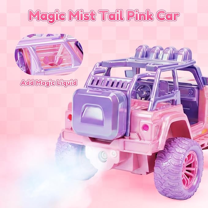 Remote Control Car for Girls with Spray and Sound, 2.4GHz All-Terrain Sparkling Pink RC Cars,Doll and Pet,Windmill,DIY Stickers,Rechargeable Battery,Toys Cars Birthday Gift for Girls Age 6-12
