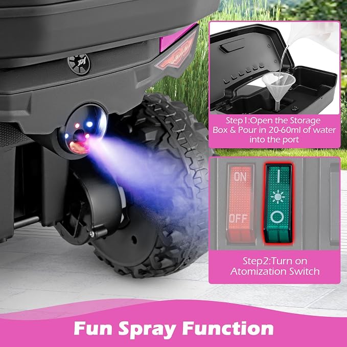OLAKIDS Kids ATV with Spray Function, Remote Control, Storage Trunk, 6V Toddler Ride on Toy, Pink