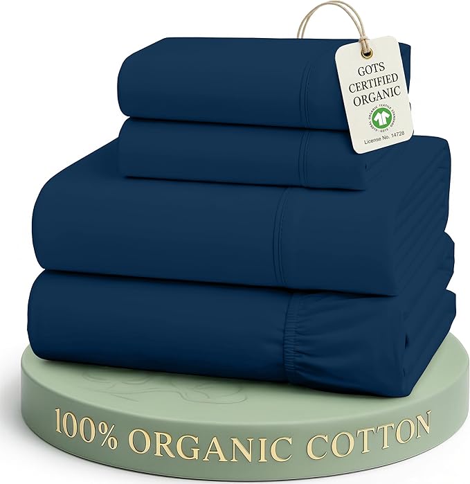 LANE LINEN Eco Friendly 100% Organic Cotton Bed Sheets Queen Size, Soft & Comfy Percale Weave, Fully Elasticized Mercerized Naturally Cooling Cotton Sheets Queen Size Set- Navy
