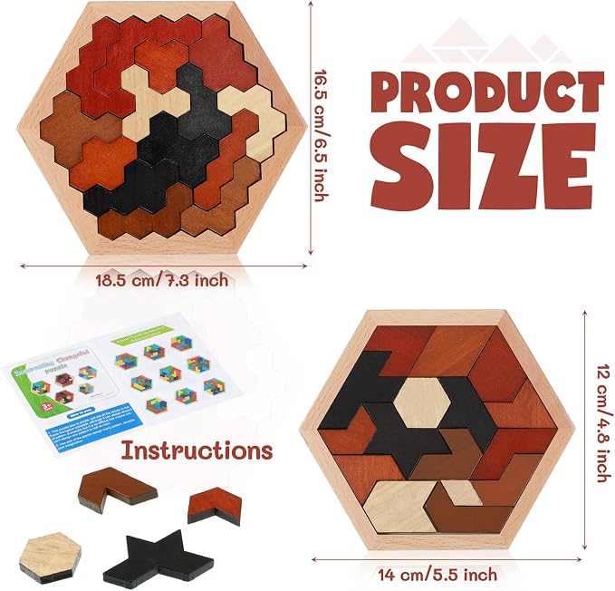Yunsailing 3 Pack Large Hexagon Tangram Puzzle Wooden Brain Puzzles for Adult Challenge Wood Russian Blocks Brain Teasers Geometric Jigsaw Block Logic Iq Stem Family Graduation Gifts(Vintage)