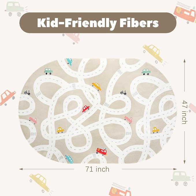 STARUIA Large Kids Rug for Playroom, 4x6 Washable Road Car Rug for Kids Room, Non-Slip Car Carpet for Boys Room, Tan Traffic Classroom Rugs Soft Baby Play Mat for Bedroom Dorm Nursery Tent
