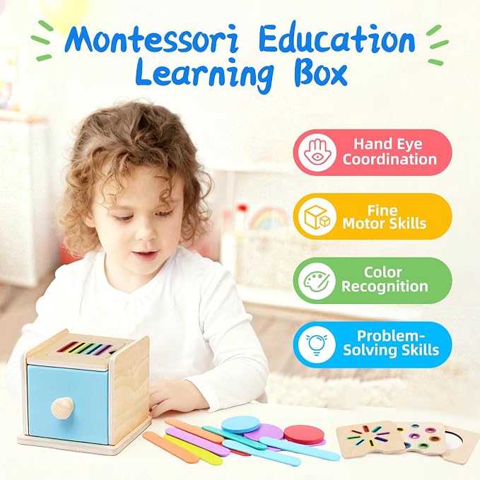 Montessori Toys for 1 2 3 Year Old, 4-in-1 Wooden Montessori Coin Box, Object Permanence Ball Drop Learning Color Sorting Toys for Toddlers 1-3, Gifts for 18 Months Baby Boys Girls