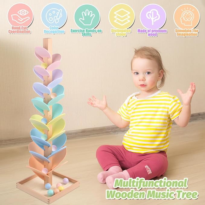Marble Run Wooden Ball Drop Toys for 3-5 4-8 Wood Montessori Toys Music Tree for Toddlers Musical Game Learning Color Sorting Sensory Toys for Boys Girls 8-12 Gift (Height: 27.8in) (1.1in Balls)
