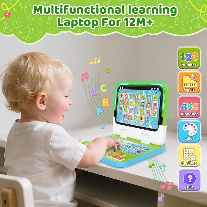 2 -in-1 Kids Laptop Tablet with Music Light Sound, Learning Toy for 1 2 3 Year Old Boys Girls, Interactive Educational Toys for Toddler 1-3, 1st Birthday First for Baby 12-18 Months