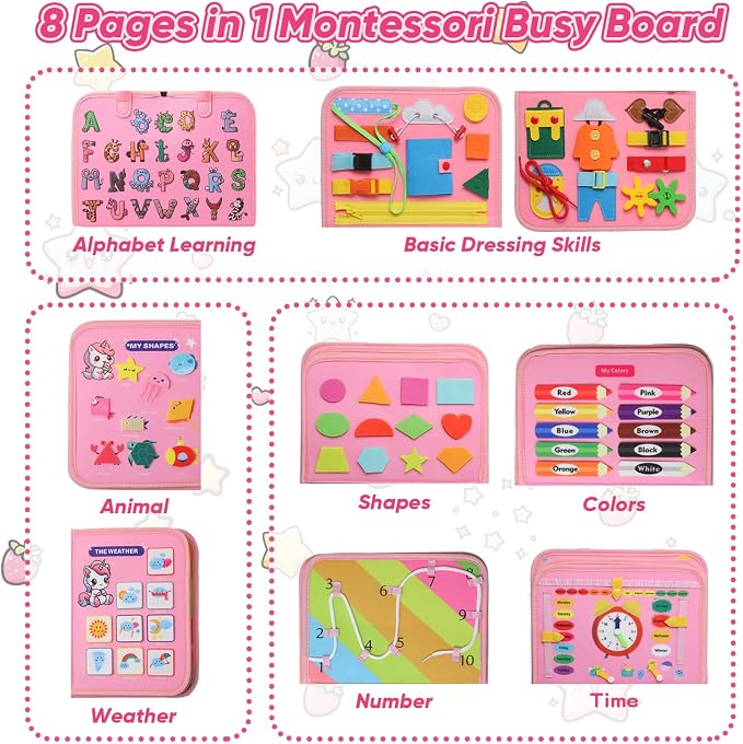 Unicorn Busy Book for Toddlers Ages 1-3, Educational Montessori Toys | 8-in-1 Montessori Toys, Educational Activity Board, Sensory Travel Toys, Ages 2-4 & Baby 6-12 Months