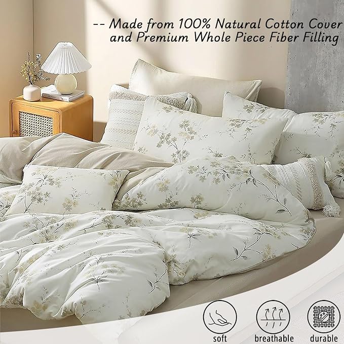 LEMIROE Floral Cotton Comforter King Size - Cream Comforter with Luxurious Grey Branches & Subtle Beige Blossoms,Reversible Lightweight Bedding Sets 3Pcs(104"×90")