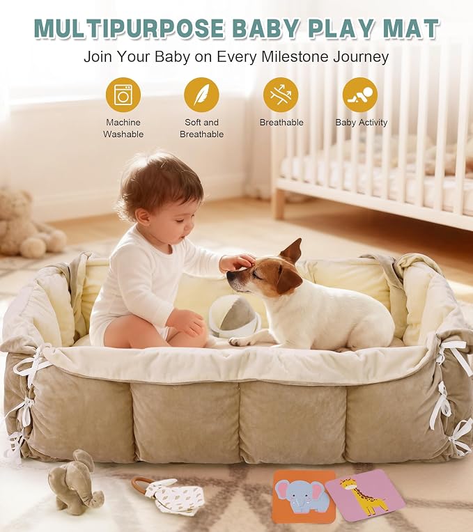 5-in-1 Baby Play Gym and Tummy Time Mat, 12 Learning Cards, Plush Activity Mat with 6 Toys, Baby Gym, Convertible to Ball Pit, Baby Gift, Cream