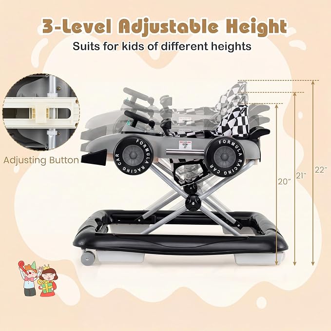 BABY JOY 4-in-1 Baby Walker, Foldable Activity Walker with Push Mode, Adjustable Height, Lights, Anti-Rollover, Baby Walker with Wheels for Boys Girls 6-18 Months (Gray)