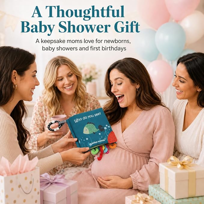 Fish Baby Book, Crinkle Books for Babies, Touch & Feel Soft Books, Infant Baby Toys 0-3 0-6 6-12 Months, Sensory Mirror Toy, Teether Ring, Baby Shower, Baby Basket Stuffers,Gifts for Boys Girls -Blue