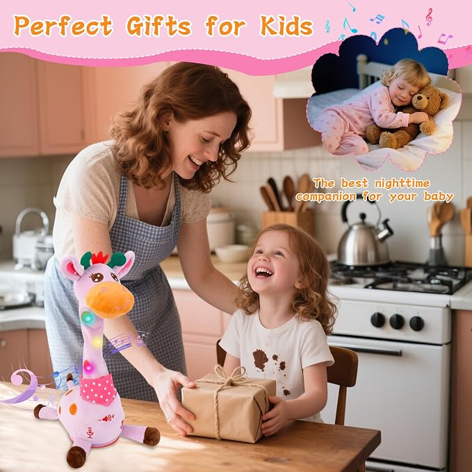 Dancing Talking Giraffe Toy, Stuffed Animal Baby Toy Repeating What You Say, Glowing Musical Giraffe Gifts for Toddlers 1-3 Years Old, for Kids (Purple Giraffe)